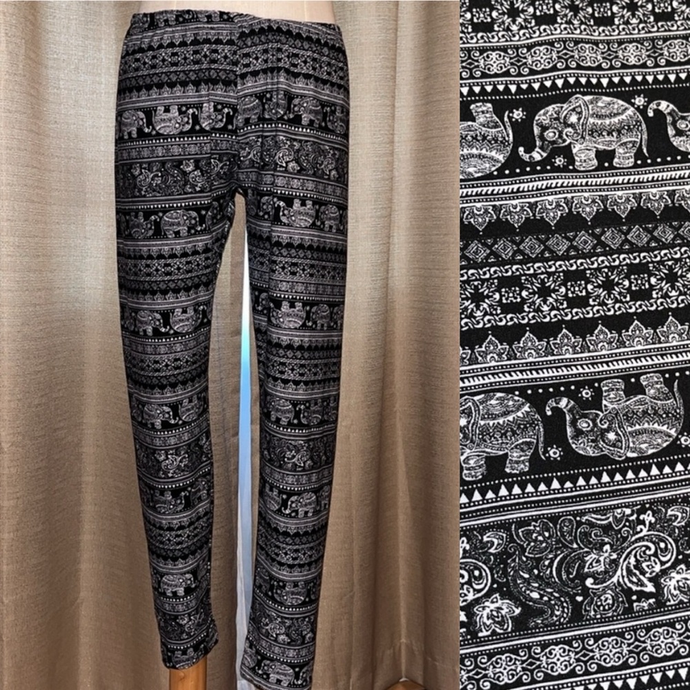 Bobbie Brooks Ladies Black White Elephant Print Boho Leggings Womens Large